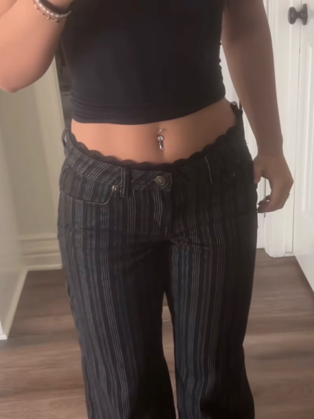 Edikted Black Pinstripe Wide-Leg Low-Rise Pants